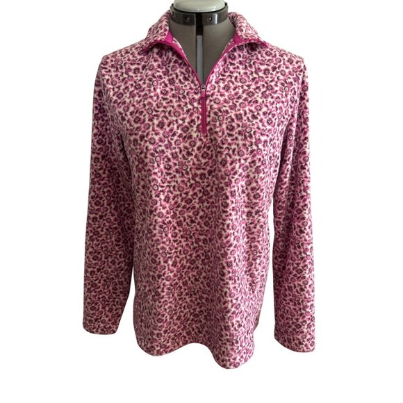 Lands End Pink Leopard Print Fleece 1/4 Zip Pullover Top M Soft Warm Cozy - Picture 1 of 6